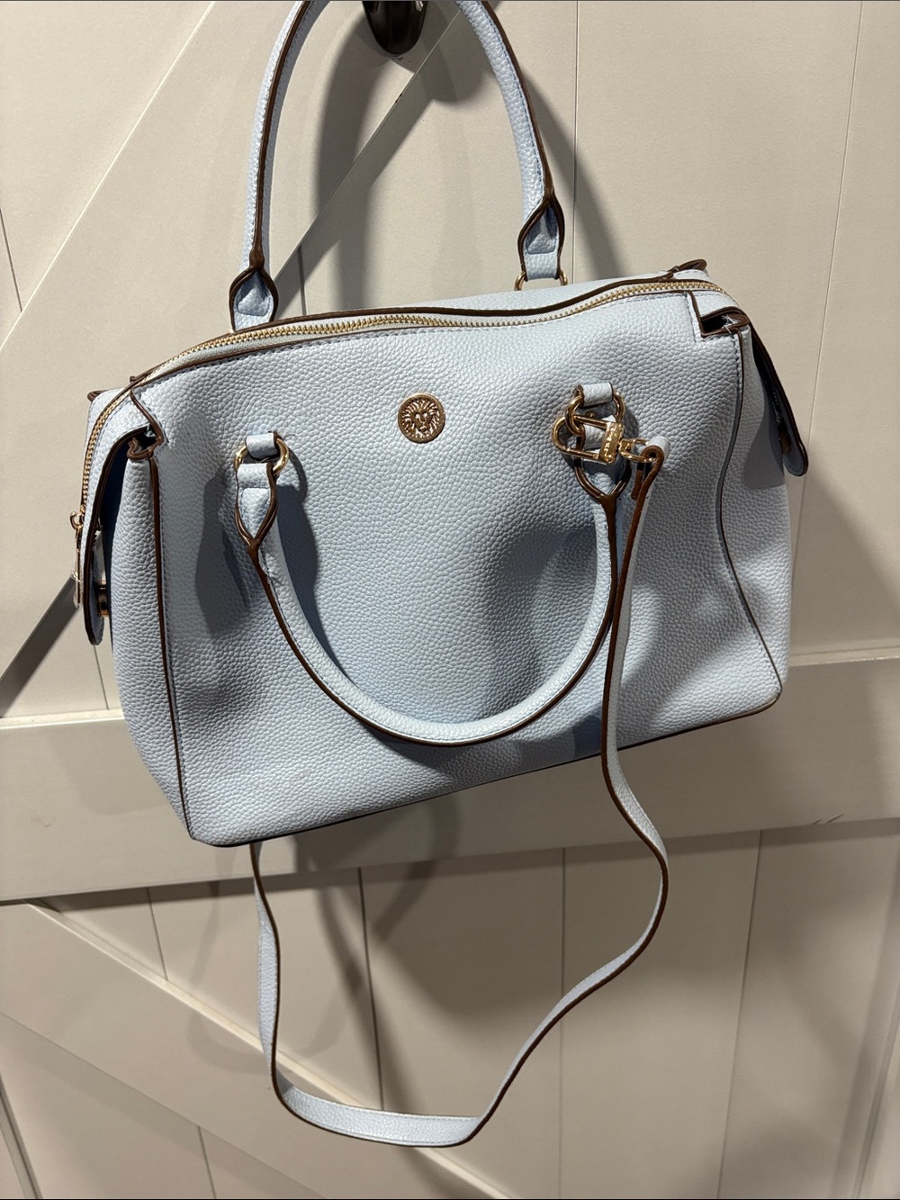 Anne Klein Light Blue Pebbled Satchel with Gold Accents